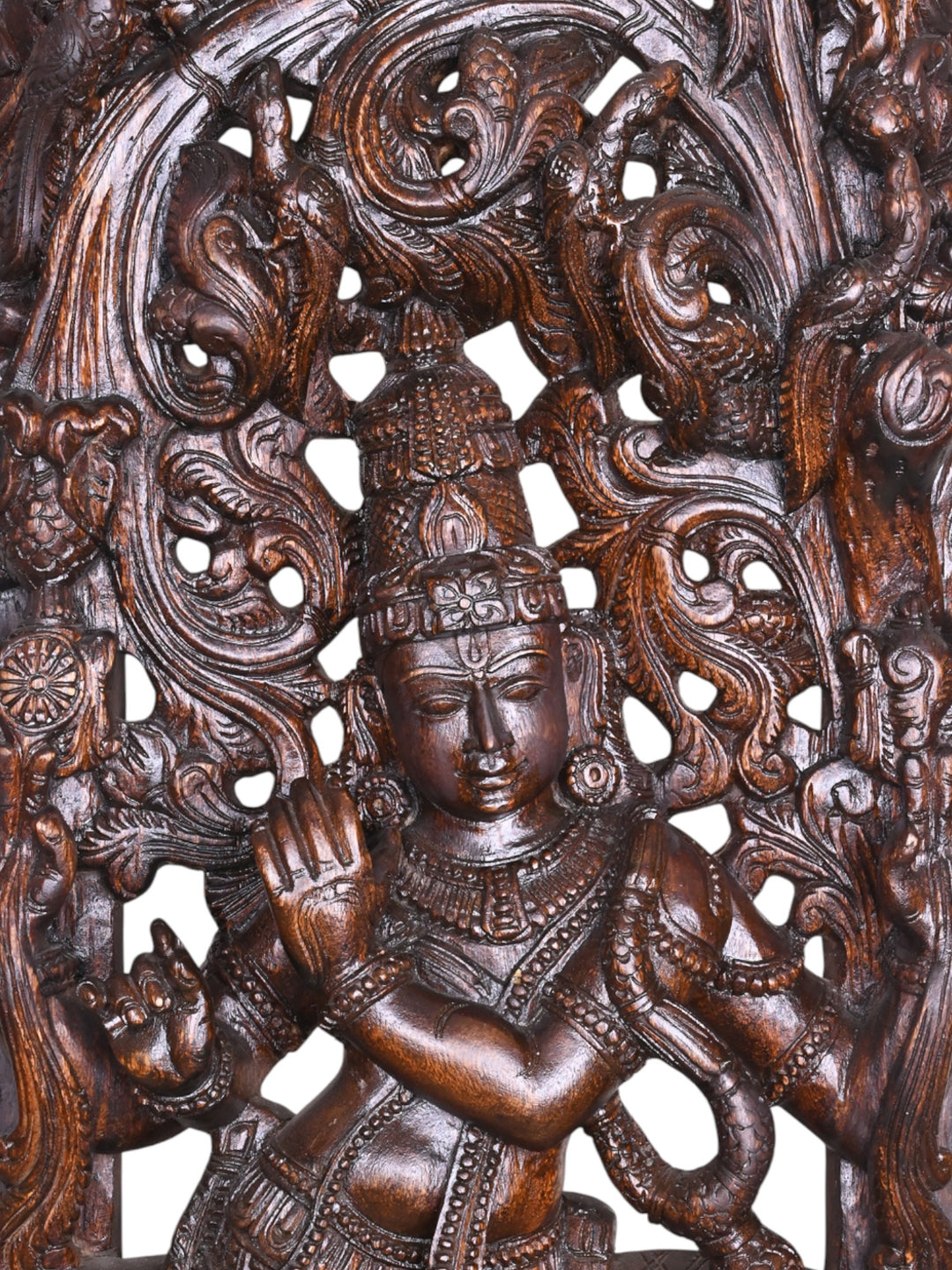Standing Krishna with Flute & Cow – 60" Wooden Jali Wall Mount
