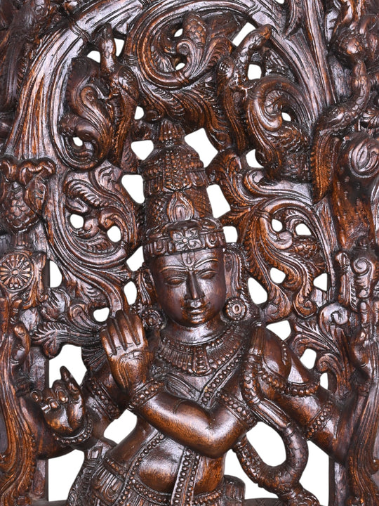 Standing Krishna with Flute & Cow – 60" Wooden Jali Wall Mount