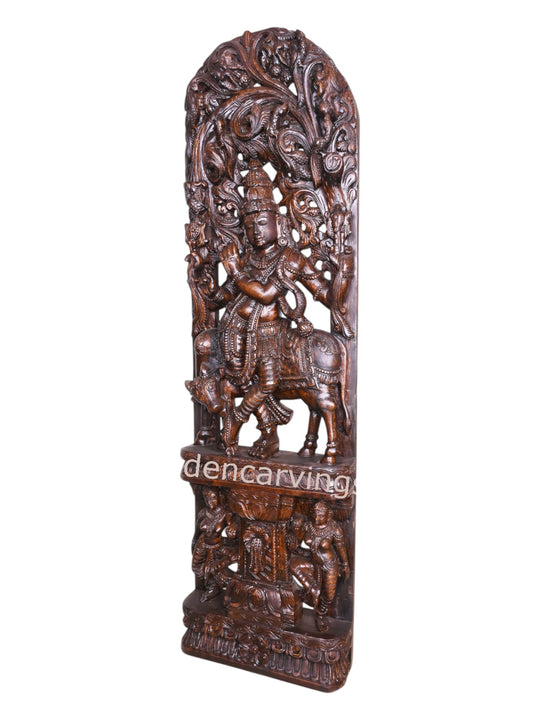 Standing Krishna with Flute & Cow – 60" Wooden Jali Wall Mount