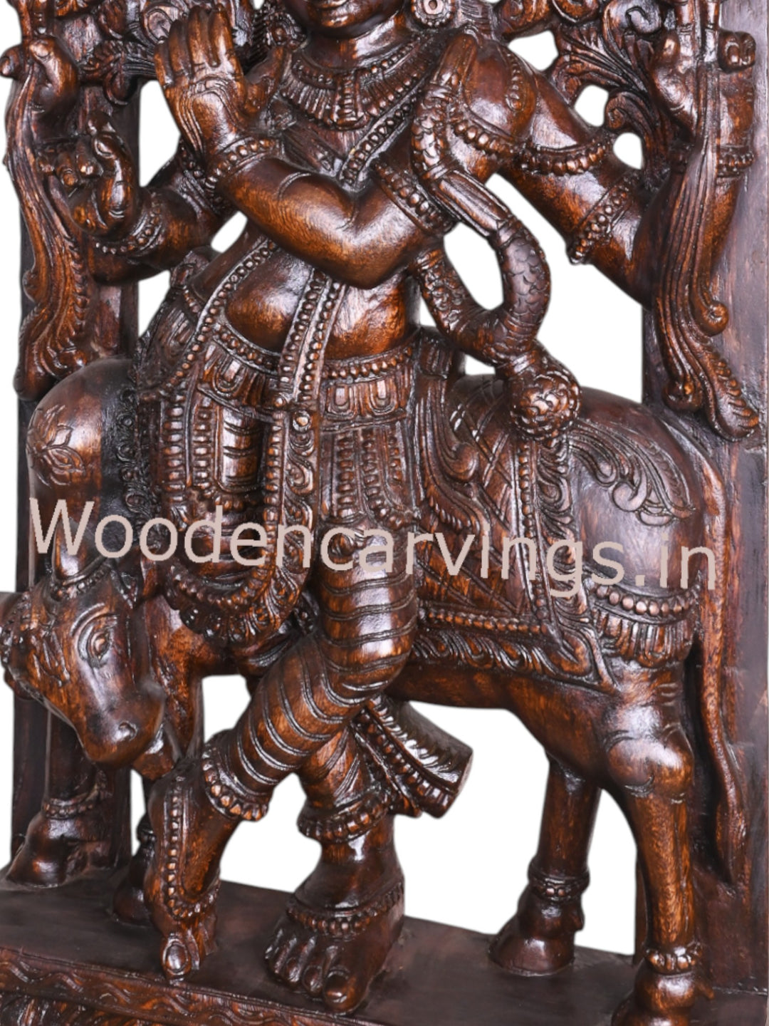 Standing Krishna with Flute & Cow – 60" Wooden Jali Wall Mount
