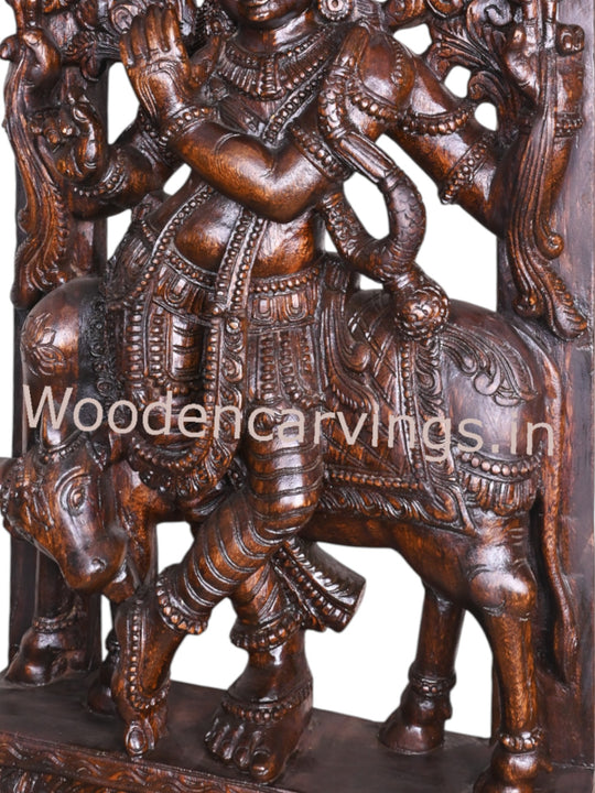 Standing Krishna with Flute & Cow – 60" Wooden Jali Wall Mount