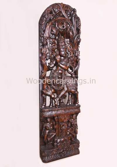 Decorative Standing Krishna Playing With Flute and Cow Wooden Jali Work Handmade Wall Decor Wall Mount 60"