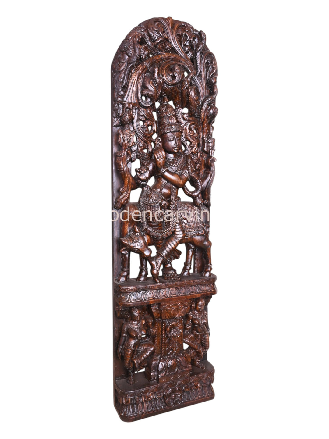 Wooden Krishna with Flute & Cow 