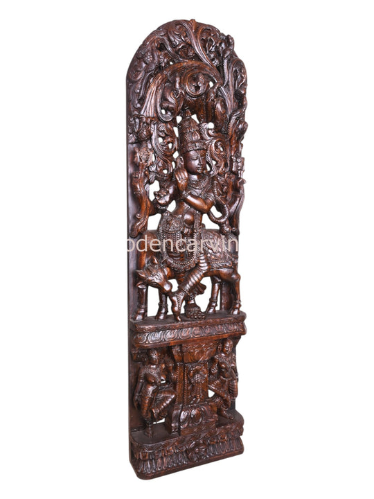 Wooden Krishna with Flute & Cow 