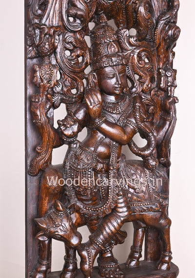 Decorative Standing Krishna Playing With Flute and Cow Wooden Jali Work Handmade Wall Decor Wall Mount 60"
