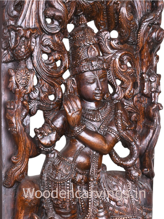 Standing Krishna with Flute & Cow – 60" Wooden Jali Wall Mount