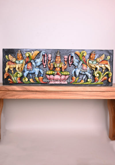 Blessing Gorgeous Gaja Lakshmi on Pink Lotus With Auspicious Kamadhenu Horizontal Coloured Panel 36"