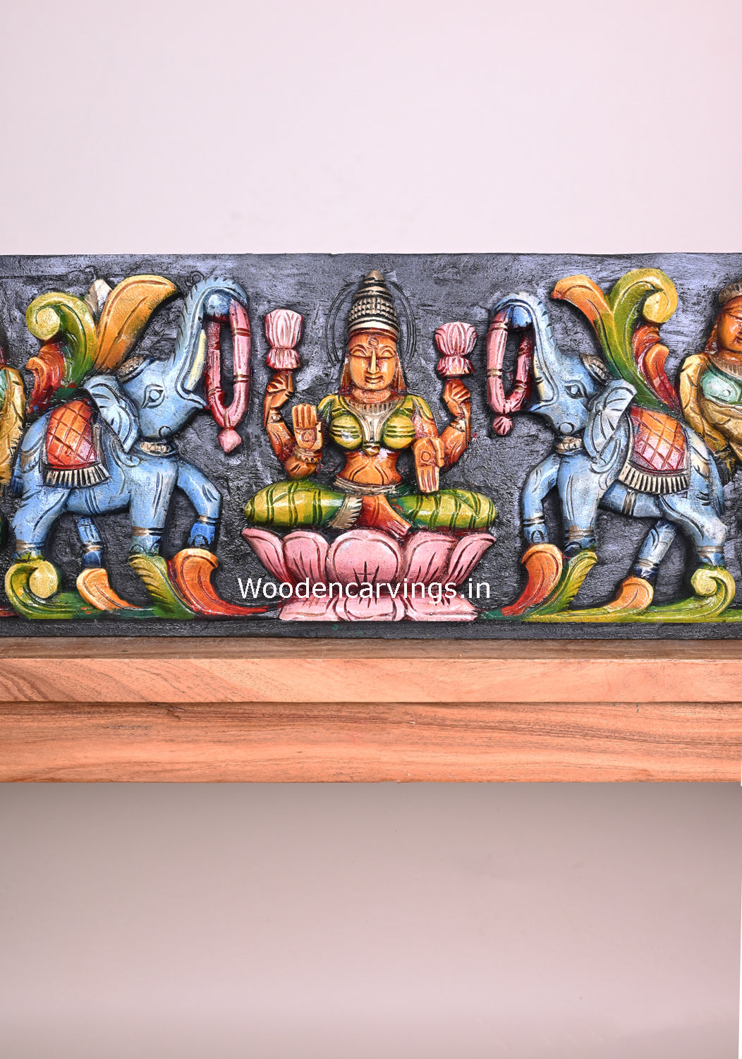 Blessing Gorgeous Gaja Lakshmi on Pink Lotus With Auspicious Kamadhenu Horizontal Coloured Panel 36"