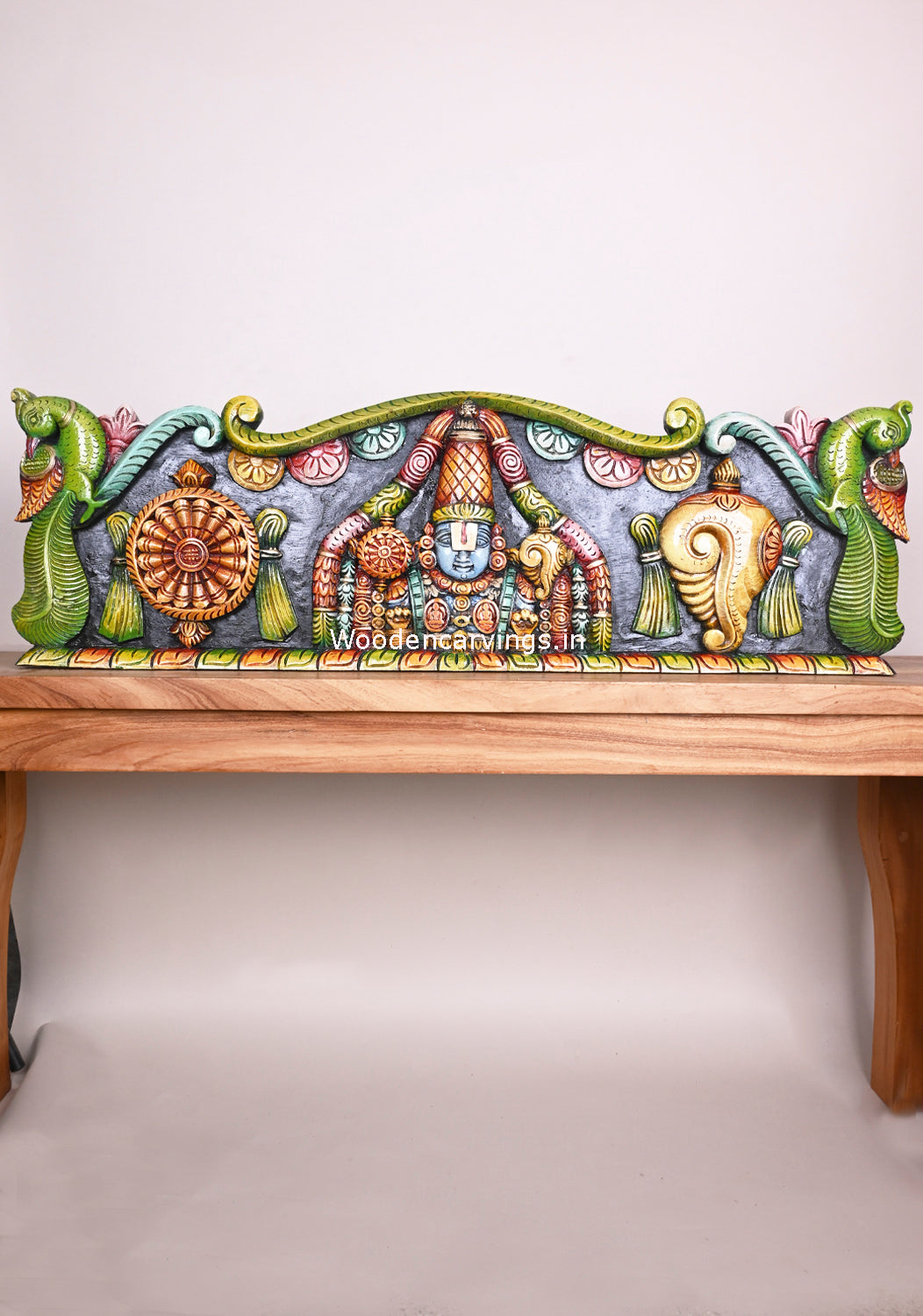 Beautiful Handmade Panel of Lord Balaji With Chanku Nama Chakra Parrot Design Wooden Wall Panel 38"