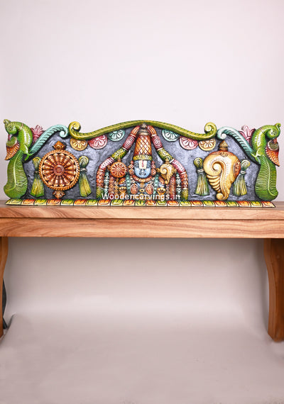 Beautiful Handmade Panel of Lord Balaji With Chanku Nama Chakra Parrot Design Wooden Wall Panel 38"
