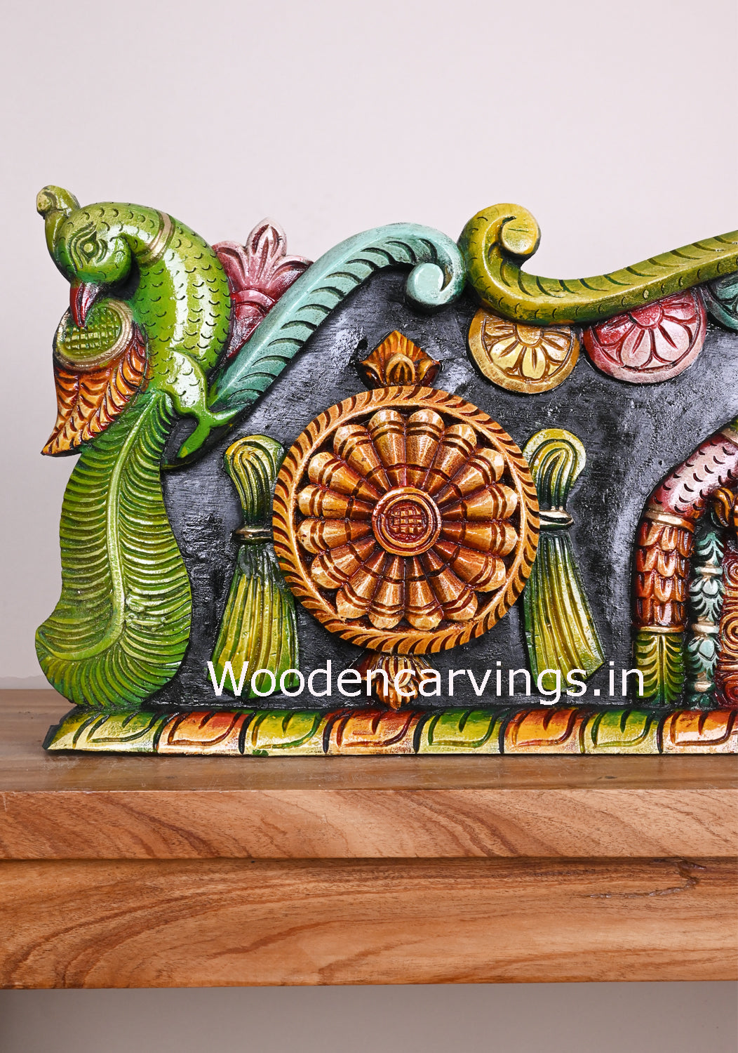 Beautiful Handmade Panel of Lord Balaji With Chanku Nama Chakra Parrot Design Wooden Wall Panel 38"