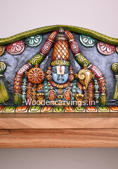 Beautiful Handmade Panel of Lord Balaji With Chanku Nama Chakra Parrot Design Wooden Wall Panel 38"