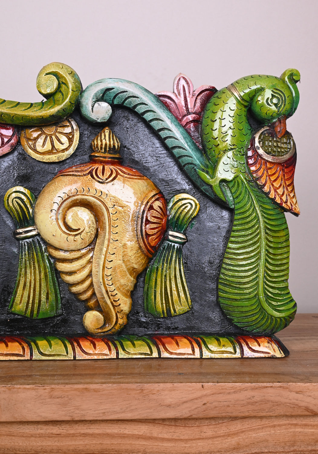 Beautiful Handmade Panel of Lord Balaji With Chanku Nama Chakra Parrot Design Wooden Wall Panel 38"