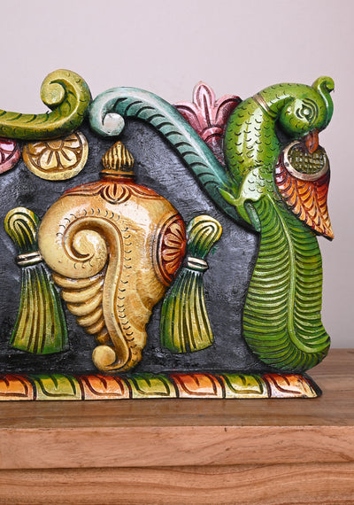 Beautiful Handmade Panel of Lord Balaji With Chanku Nama Chakra Parrot Design Wooden Wall Panel 38"