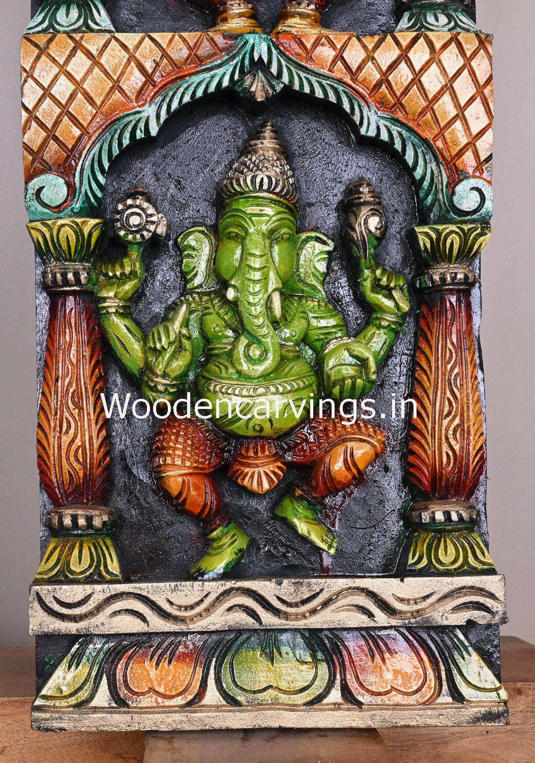 Wooden Vertical Multicoloured Asta Ganesha Standing Pillar With Mandap Design Multicolour Panel 48"