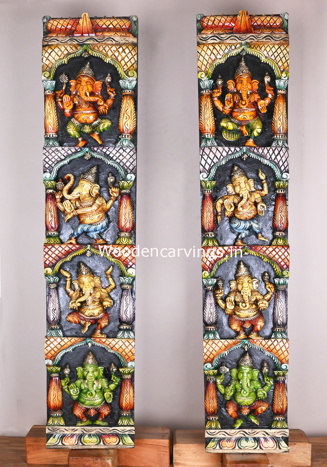 Wooden Vertical Multicoloured Asta Ganesha Standing Pillar With Mandap Design Multicolour Panel 48"