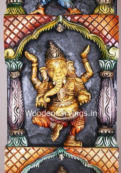 Wooden Vertical Multicoloured Asta Ganesha Standing Pillar With Mandap Design Multicolour Panel 48"