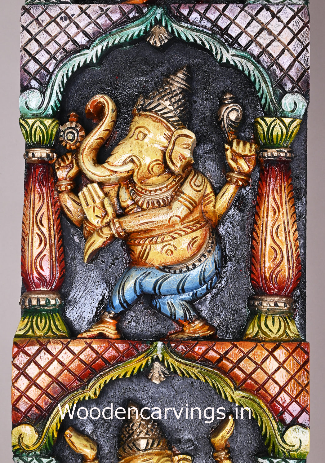 Wooden Vertical Multicoloured Asta Ganesha Standing Pillar With Mandap Design Multicolour Panel 48"