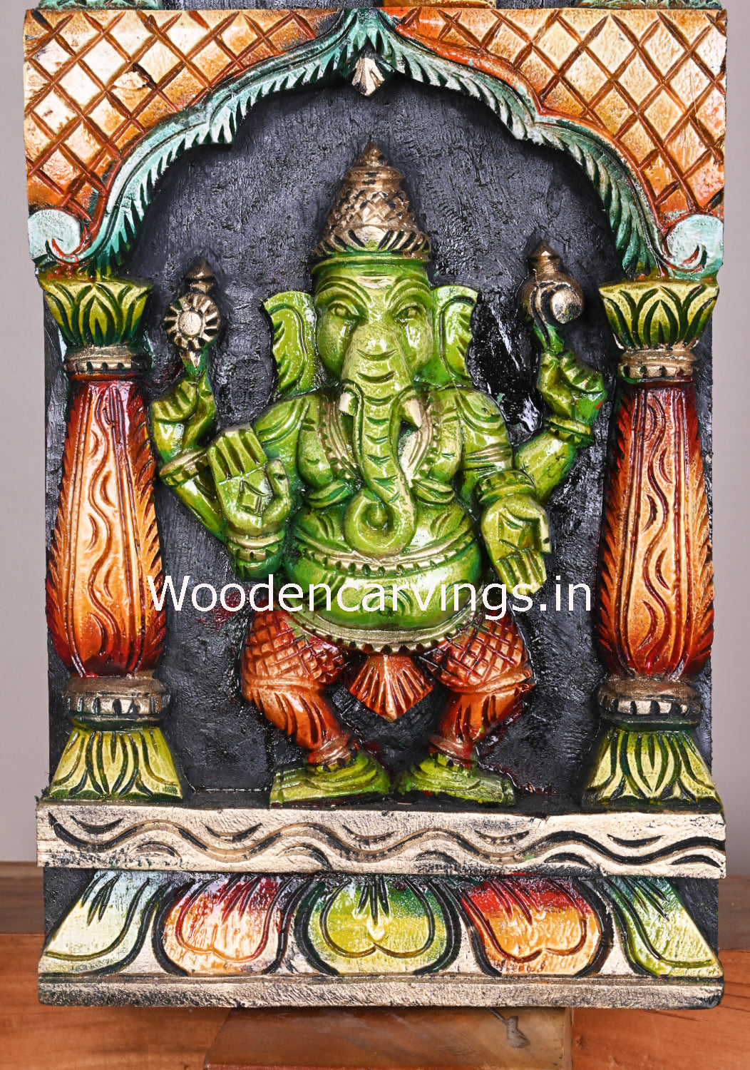 Wooden Vertical Multicoloured Asta Ganesha Standing Pillar With Mandap Design Multicolour Panel 48"