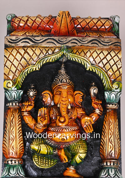 Wooden Vertical Multicoloured Asta Ganesha Standing Pillar With Mandap Design Multicolour Panel 48"