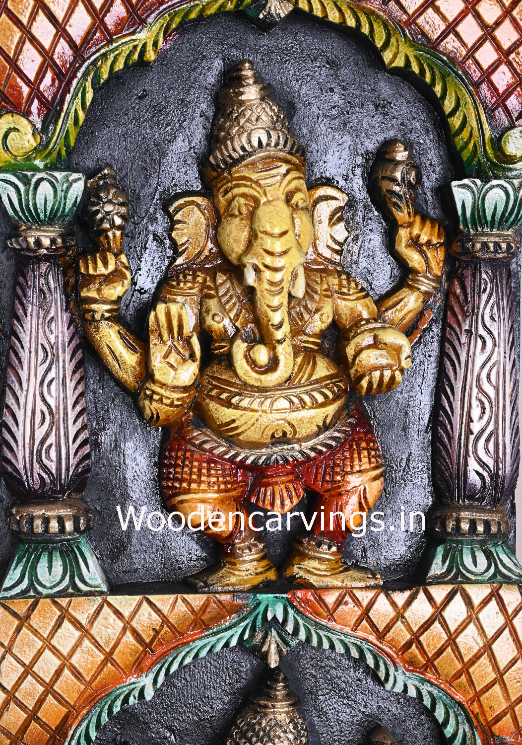 Wooden Vertical Multicoloured Asta Ganesha Standing Pillar With Mandap Design Multicolour Panel 48"