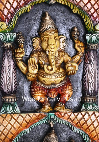 Wooden Vertical Multicoloured Asta Ganesha Standing Pillar With Mandap Design Multicolour Panel 48"