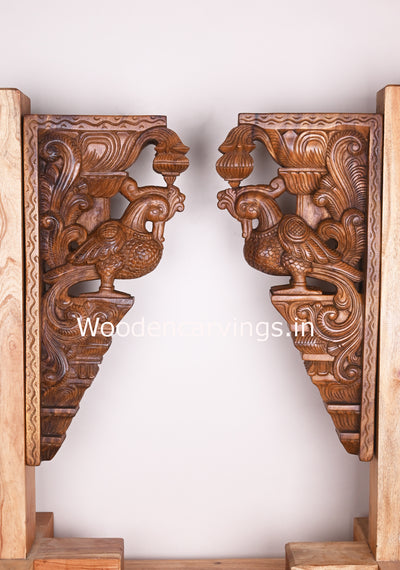Paired Preety Wax Brown Hamsa (Annapakshi) Handmade Wooden Wall Decor Hooks Fixed Brackets 24"