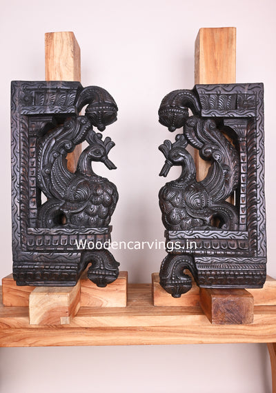 Dark Brown Finishing Paired Hamsa Bird (Annapakshi) Wooden Decorative Hook Fixed Brackets 26"