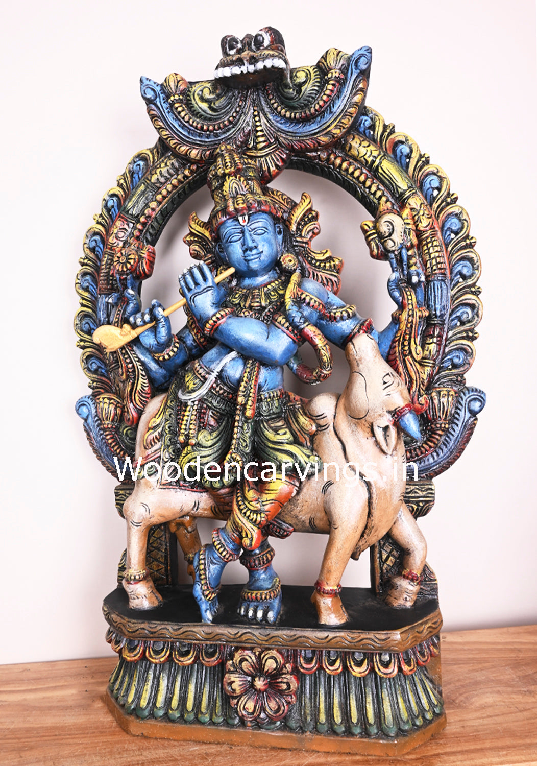 Attractive Coloured Arch Lord Krishna Playing With Flute Standing With Cow Wooden Handmade Sculpture 36"