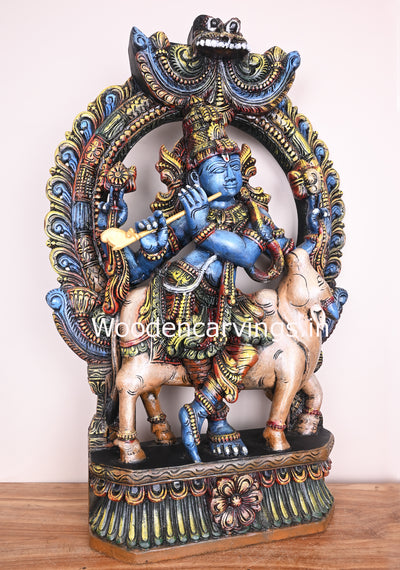 Attractive Coloured Arch Lord Krishna Playing With Flute Standing With Cow Wooden Handmade Sculpture 36"