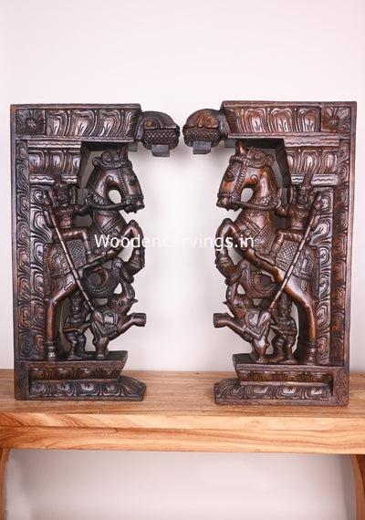 Warriors Riding on Horse With Paired Elephants Wooden Handmade Wax Brown Entrance Decor Wall Brackets 31"