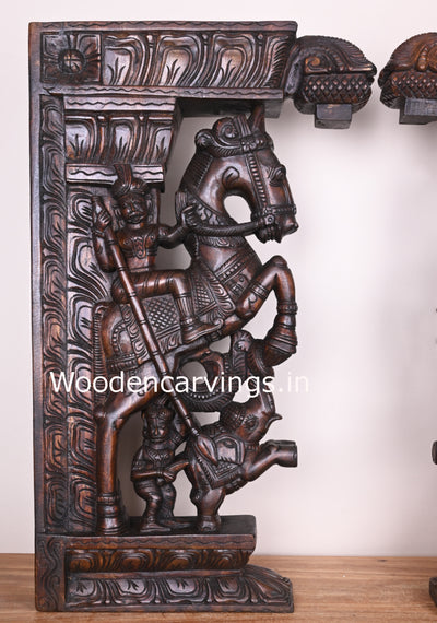 Warriors Riding on Horse With Paired Elephants Wooden Handmade Wax Brown Entrance Decor Wall Brackets 31"