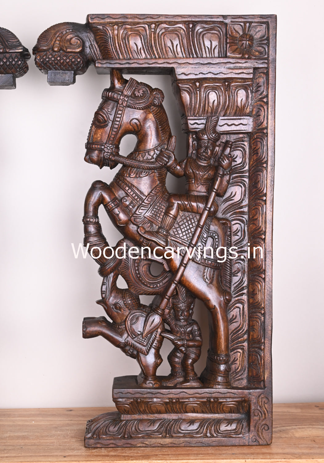 Warriors Riding on Horse With Paired Elephants Wooden Handmade Wax Brown Entrance Decor Wall Brackets 31"