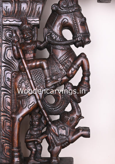 Warriors Riding on Horse With Paired Elephants Wooden Handmade Wax Brown Entrance Decor Wall Brackets 31"