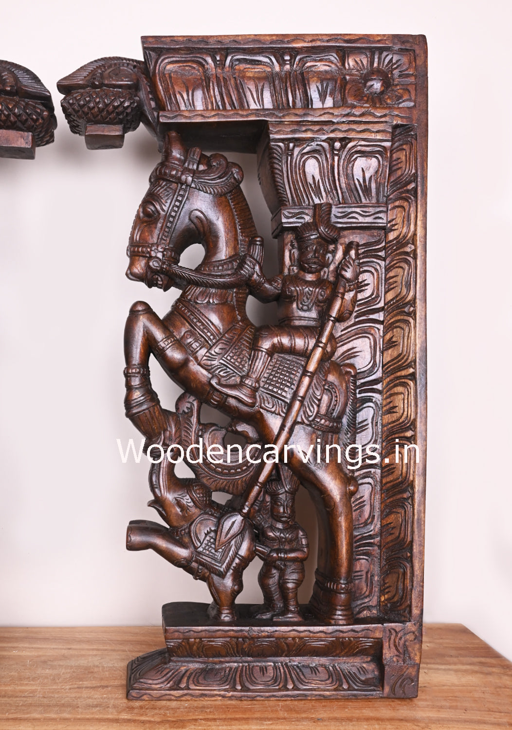 Warriors Win The Battle With Powerful Horses, Paired Elephants With Soldiers Handamade Wax Brown Brackets 30"