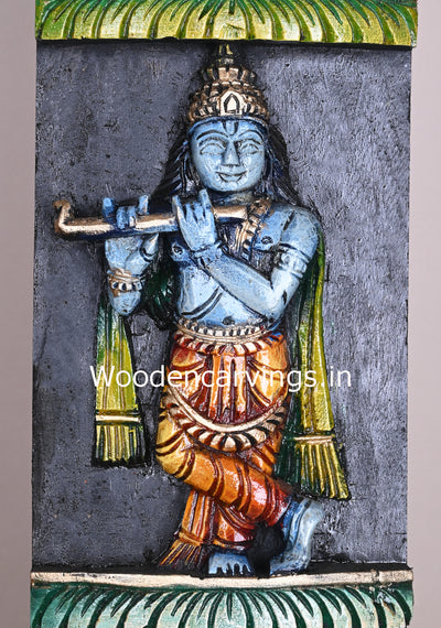 Vertical Detaily Carved Maha Vishnu Powerful Avatars Ten Multicoloured Home Decor Wooden Wall Panel 49"