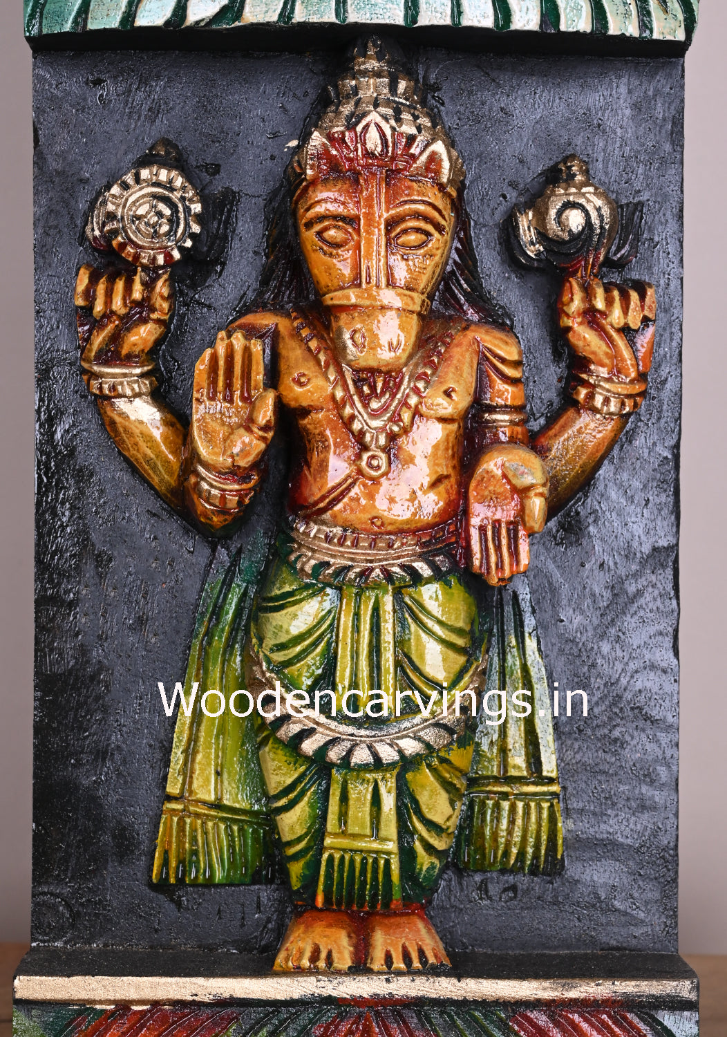 Vertical Detaily Carved Maha Vishnu Powerful Avatars Ten Multicoloured Home Decor Wooden Wall Panel 49"