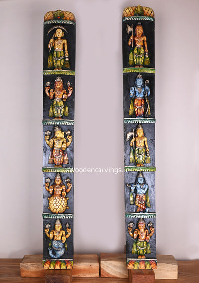 Vertical Detaily Carved Maha Vishnu Powerful Avatars Ten Multicoloured Home Decor Wooden Wall Panel 49"