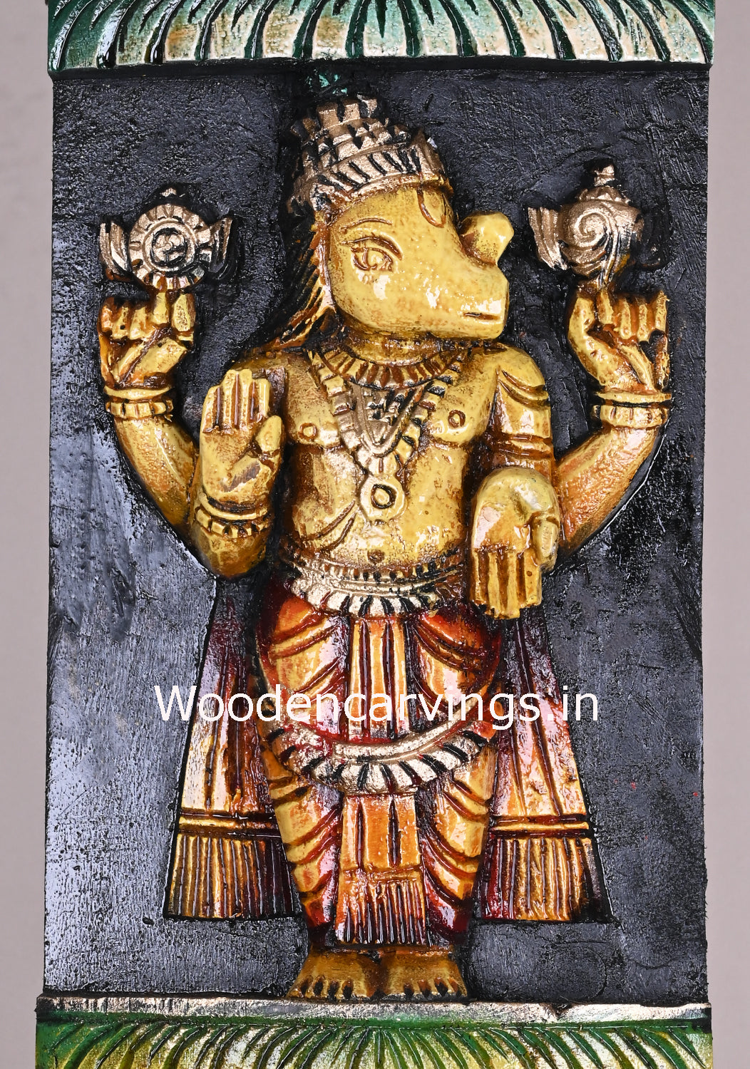 Vertical Detaily Carved Maha Vishnu Powerful Avatars Ten Multicoloured Home Decor Wooden Wall Panel 49"