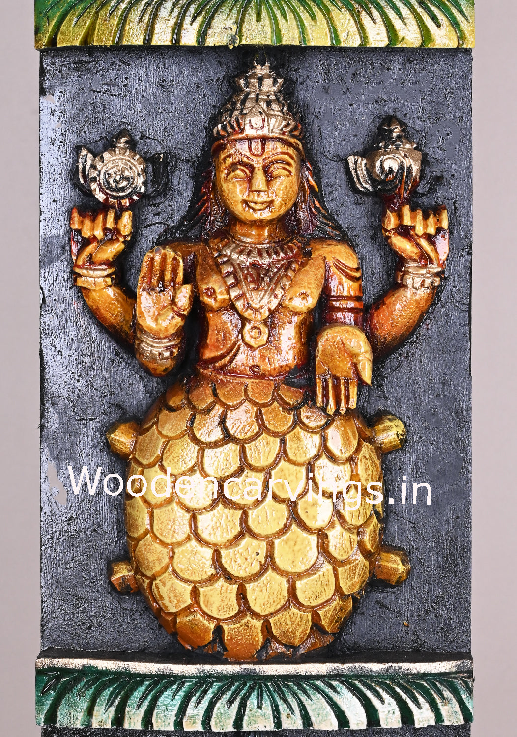 Vertical Detaily Carved Maha Vishnu Powerful Avatars Ten Multicoloured Home Decor Wooden Wall Panel 49"