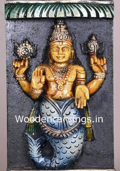 Vertical Detaily Carved Maha Vishnu Powerful Avatars Ten Multicoloured Home Decor Wooden Wall Panel 49"