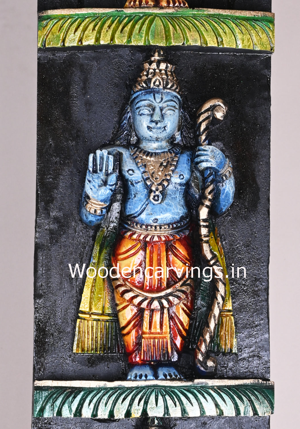 Vertical Detaily Carved Maha Vishnu Powerful Avatars Ten Multicoloured Home Decor Wooden Wall Panel 49"