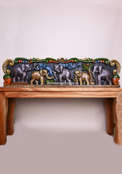 Horizontal Colourful Elephants Realistic Feel Handmade Hook Fixed Wooden Wall Decor Panel 48"