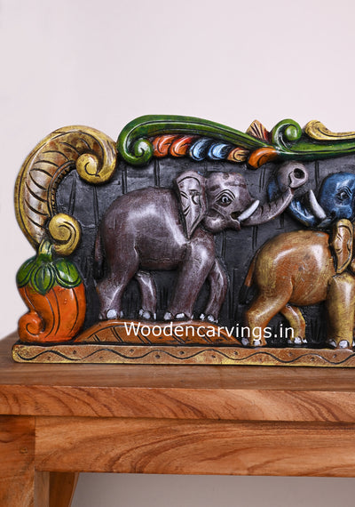 Horizontal Colourful Elephants Realistic Feel Handmade Hook Fixed Wooden Wall Decor Panel 48"