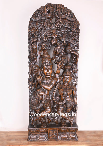 Polished Wooden Radha Love Krishna Playing With Bansuri Flute Wooden Jali Work 48"