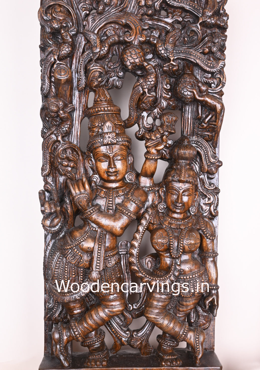 Polished Wooden Radha Love Krishna Playing With Bansuri Flute Wooden Jali Work 48"