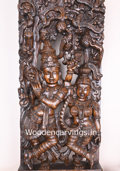 Polished Wooden Radha Love Krishna Playing With Bansuri Flute Wooden Jali Work 48"
