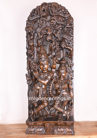 Polished Wooden Radha Love Krishna Playing With Bansuri Flute Wooden Jali Work 48"