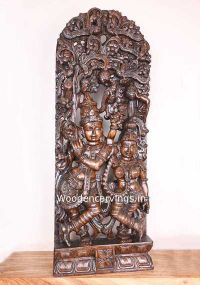 Polished Wooden Radha Love Krishna Playing With Bansuri Flute Wooden Jali Work 48"