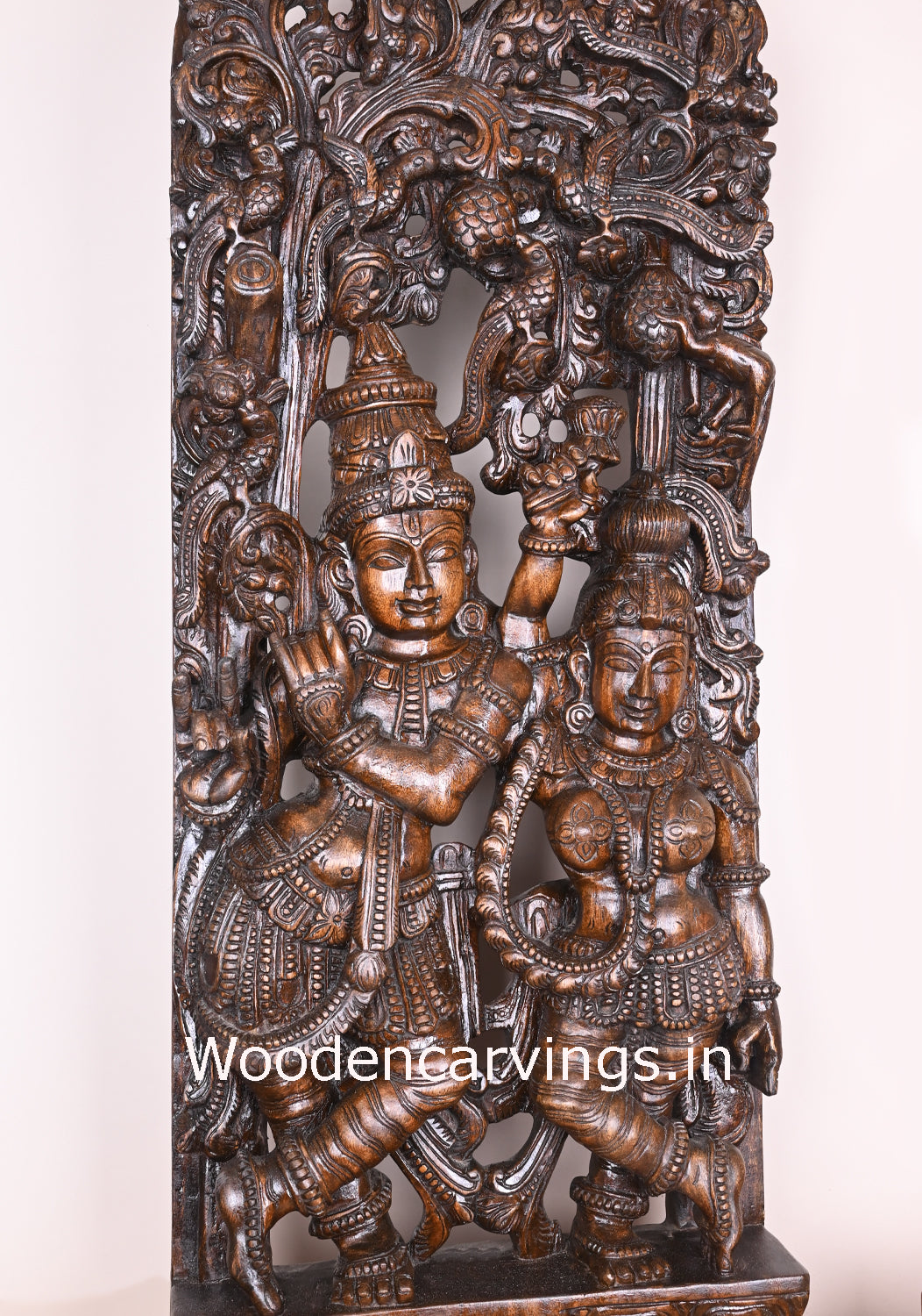 Polished Wooden Radha Love Krishna Playing With Bansuri Flute Wooden Jali Work 48"